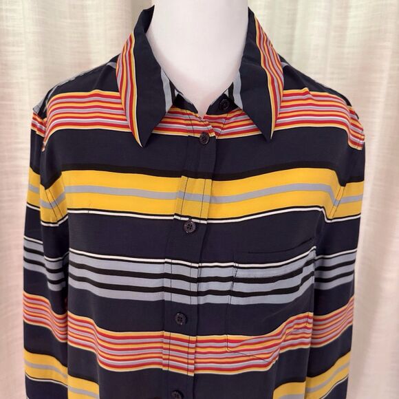 Equipment Femme Shirt Womens Small Navy Blue Striped 100% Silk Button Up Top - Picture 1 of 15